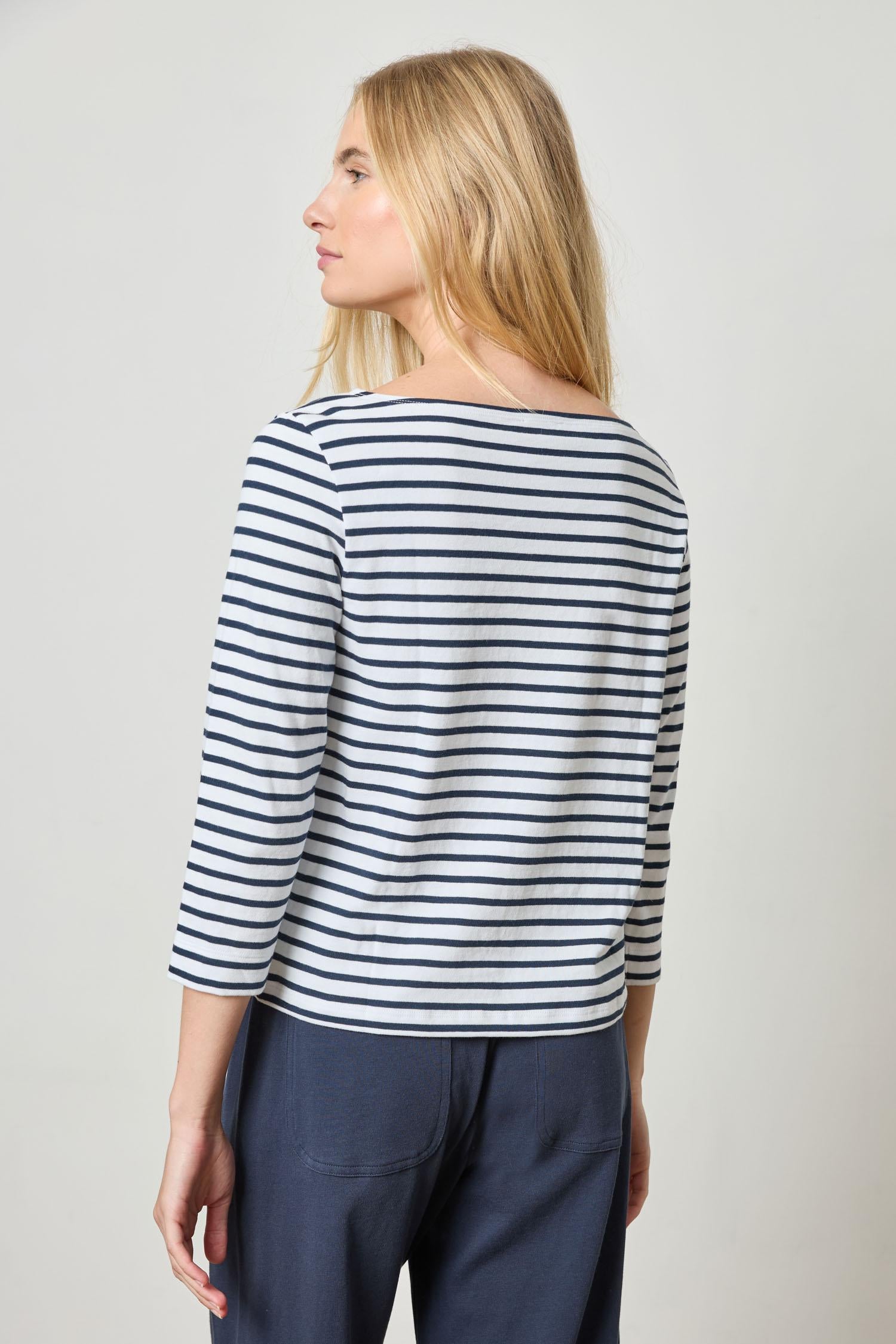 French Boatneck Womens Top Dark Navy Stripe A2