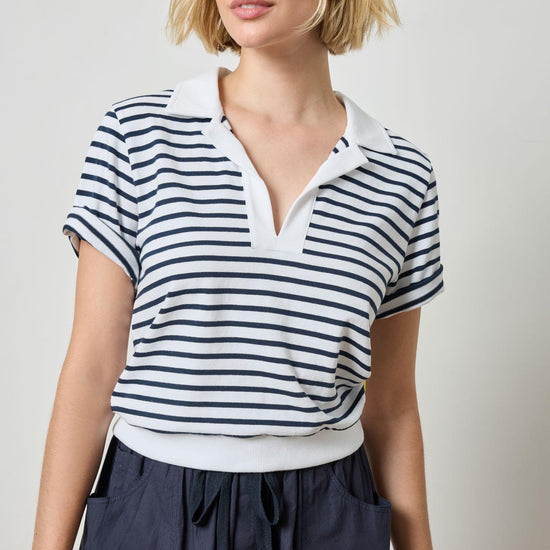 Polo Popover Top Womens Top Dark Navy Stripe A1