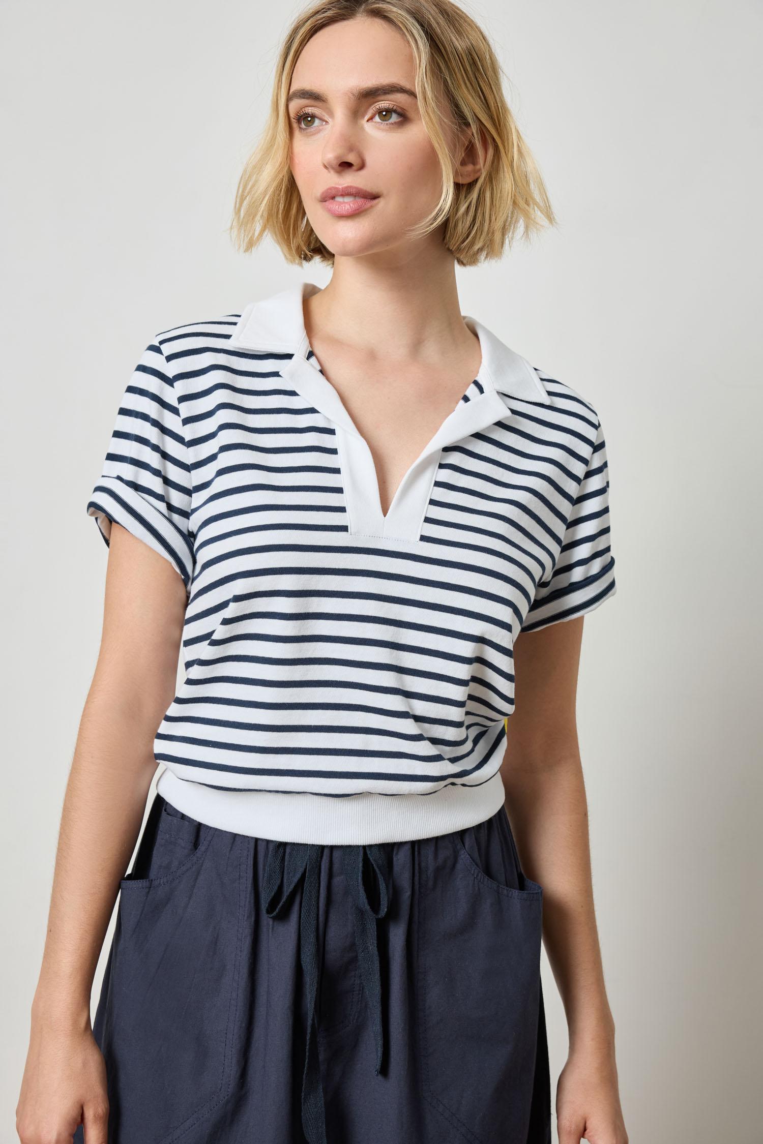 Polo Popover Top Womens Top Dark Navy Stripe A1