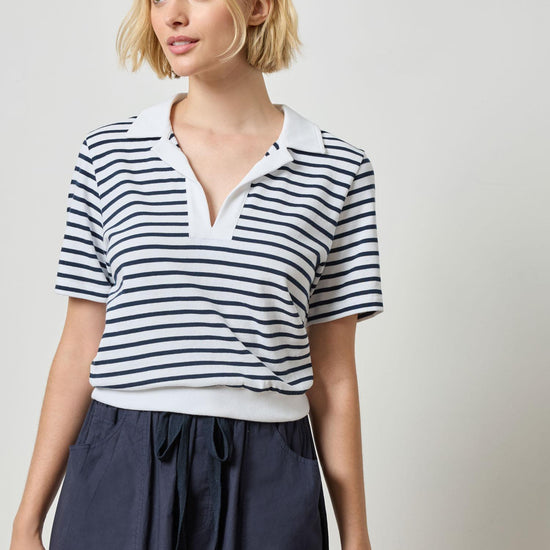 Polo Popover Top Womens Top Dark Navy Stripe A2