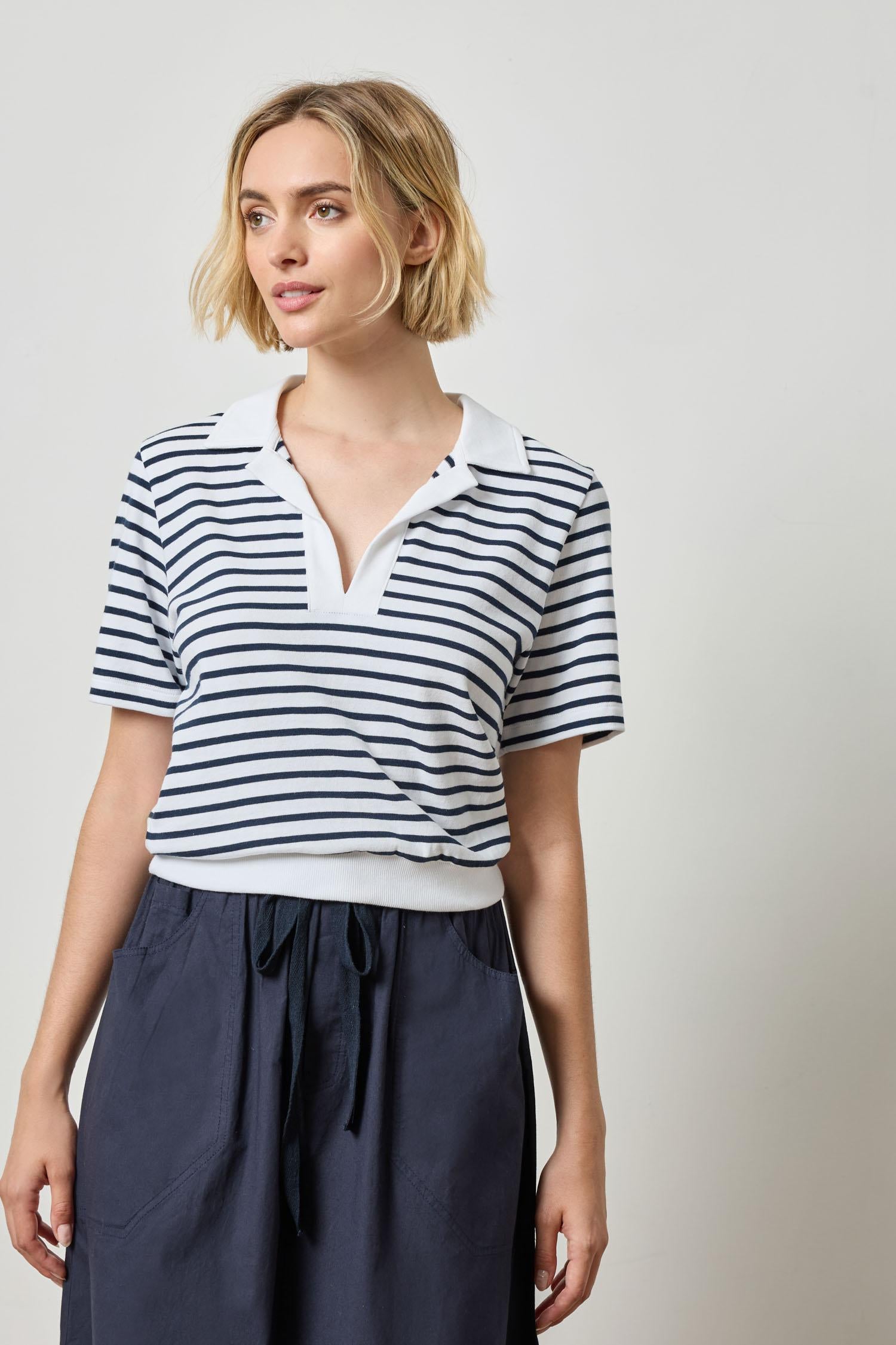 Polo Popover Top Womens Top Dark Navy Stripe A2