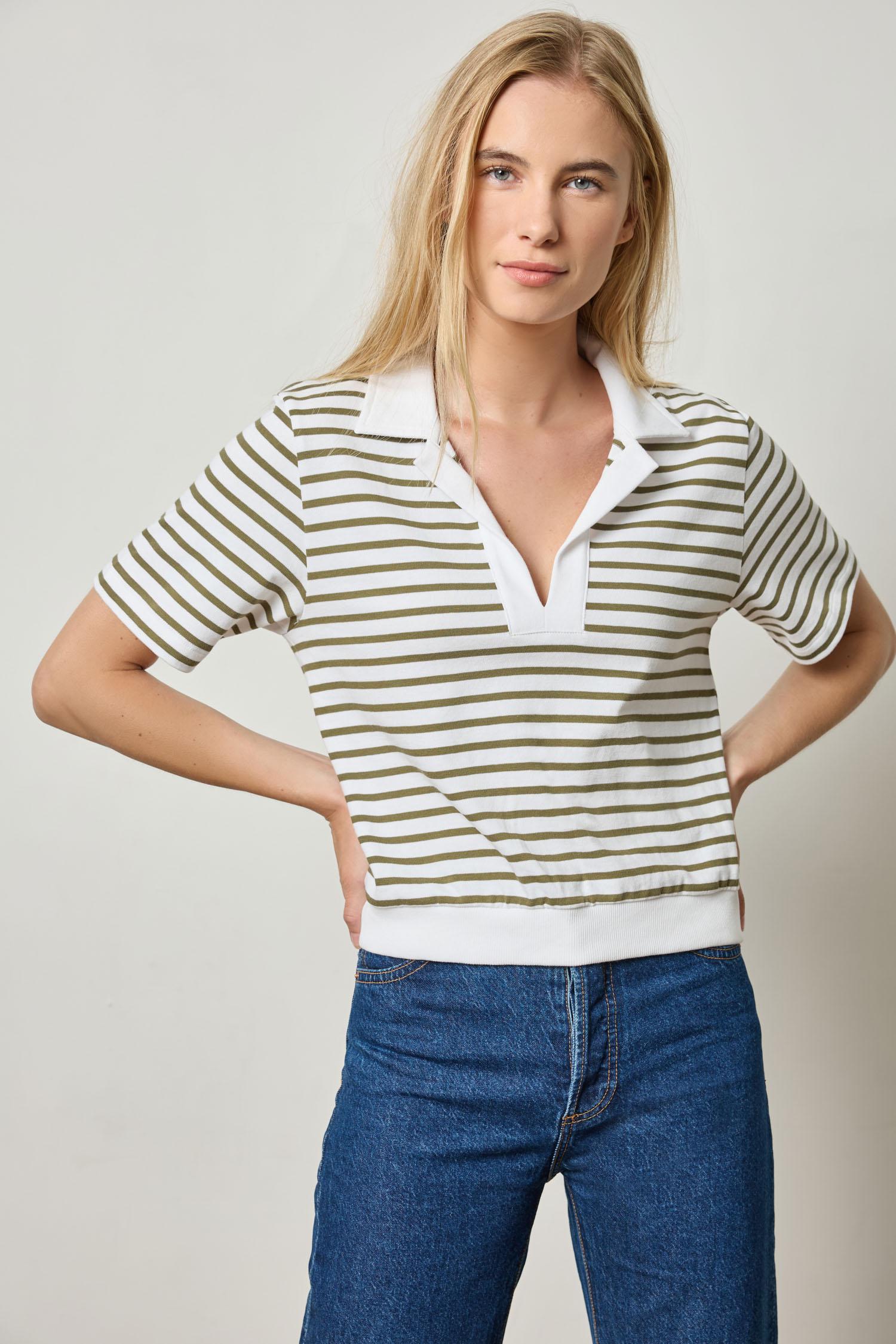 Polo Popover Top Womens Top Kelp Stripe A1