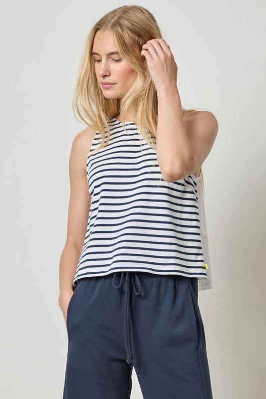 Mixed Media Tank Womens Top Dark Navy Stripe A1