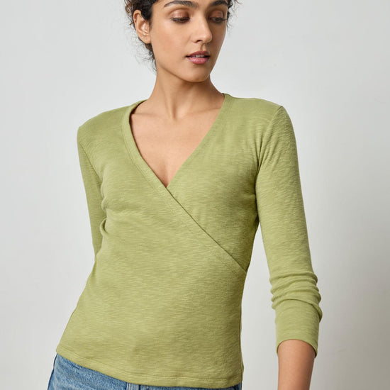 3/4 Sleeve Surplice Womens Top Tarragon A1