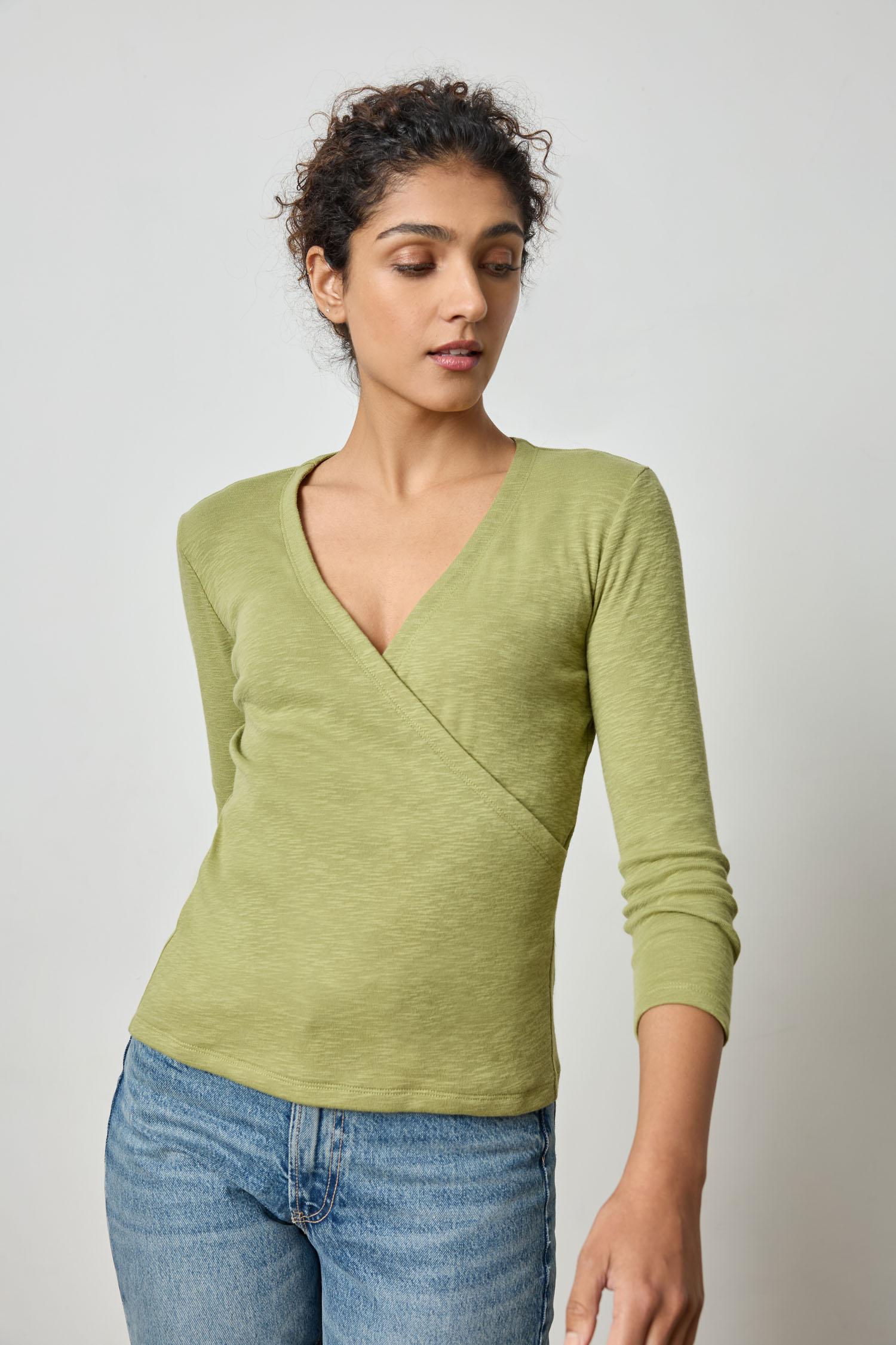 3/4 Sleeve Surplice Womens Top Tarragon A1