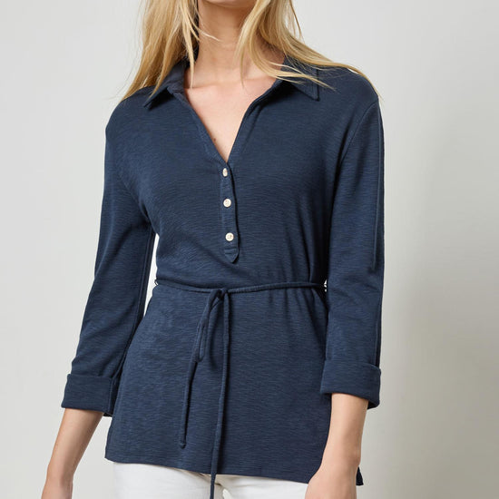 3/4 Sleeve Collared Top Womens Top Navy A1