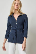 3/4 Sleeve Collared Top Womens Top Navy A1