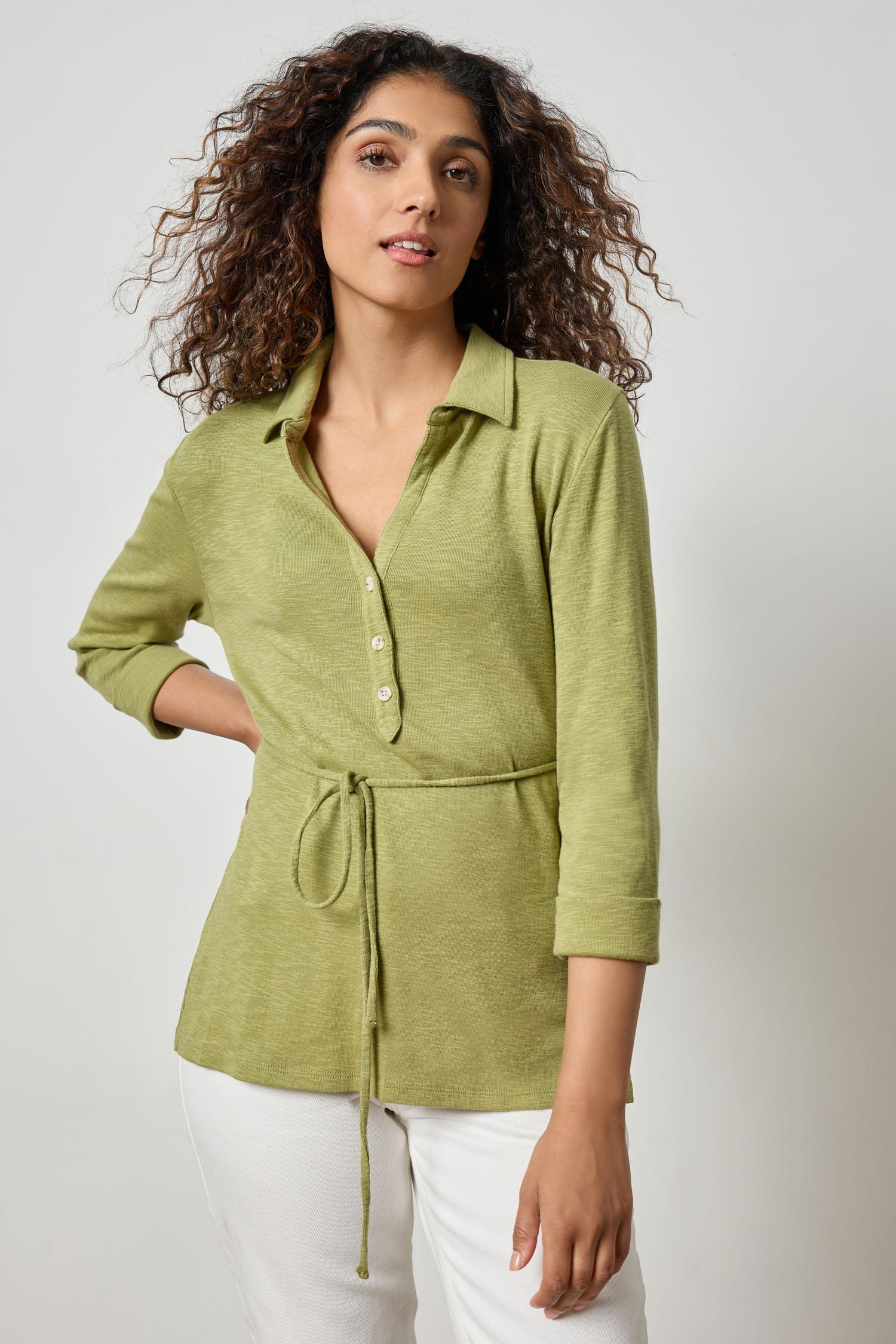 3/4 Sleeve Collared Top Womens Top Tarragon A2