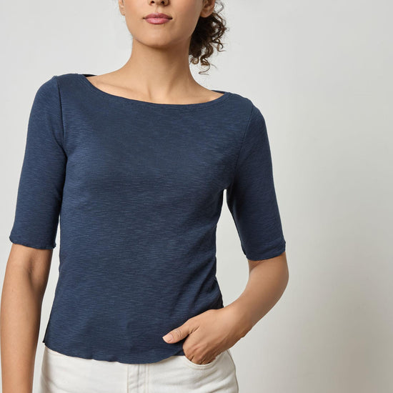 Elbow Sleeve Boatneck Womens Top Navy A1