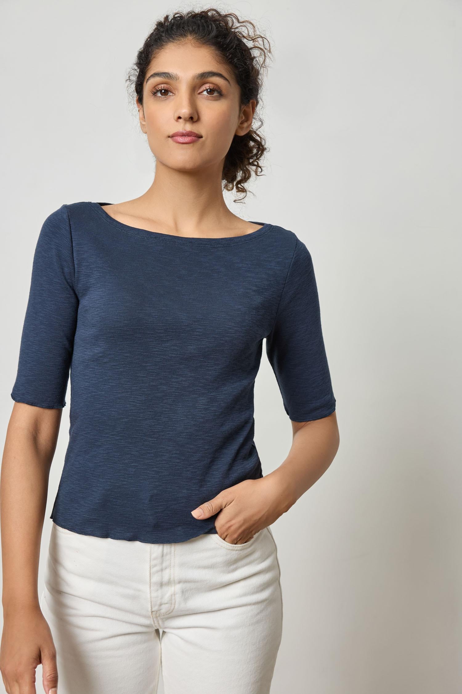 Elbow Sleeve Boatneck Womens Top Navy A1