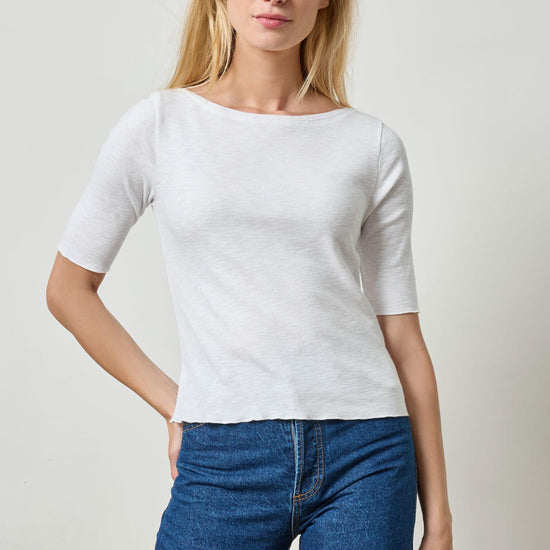 Elbow Sleeve Boatneck Womens Top White A1