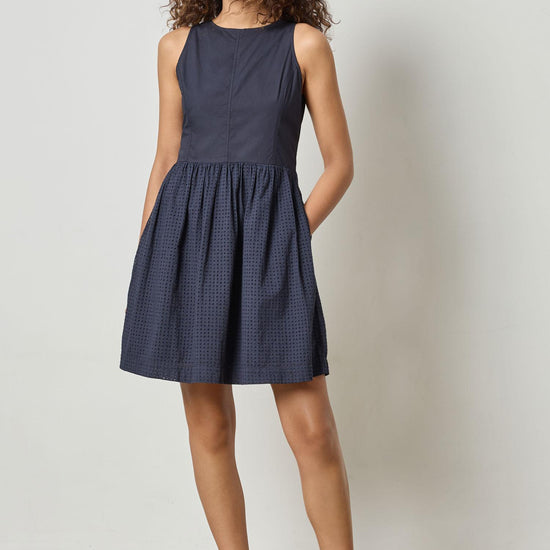 Eyelet High Neck Mini Dress Womens Dress Navy A1