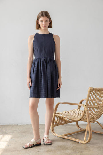 Eyelet High Neck Mini Dress Womens Dress Navy C1