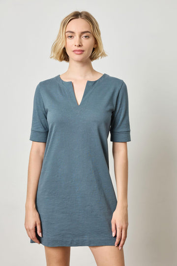 Elbow Sleeve Split Neck Dress in color Dusk Image A1