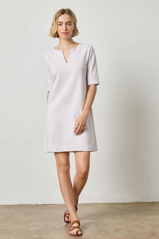 Elbow Sleeve Split Neck Dress in color Lily Image A1
