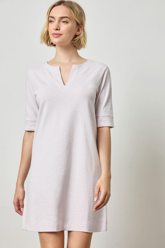 Elbow Sleeve Split Neck Dress in color Lily Image A4