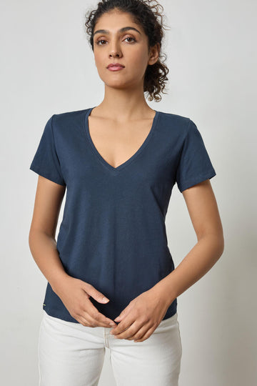 Short Sleeve V-Neck Womens Top Navy A1