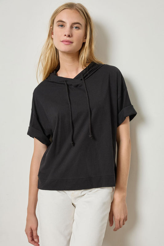 Short Sleeve Hoodie Womens Top Black A1