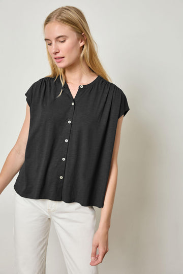 Relaxed Button Down Tee Womens Top Black A1