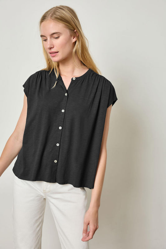 Relaxed Button Down Tee Womens Top Black A1
