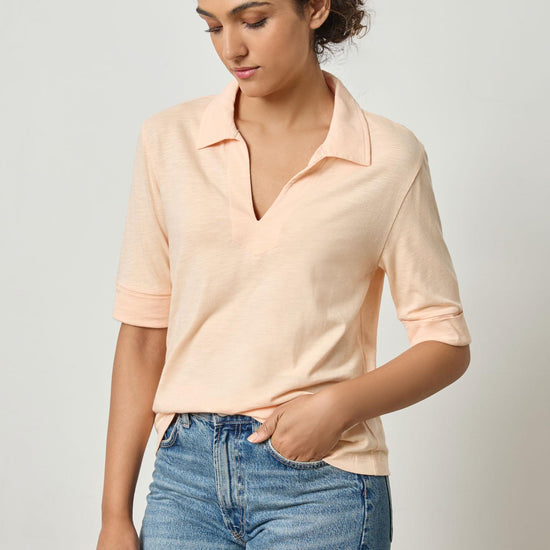 Elbow Sleeve Collared Tee Womens Top Cantaloupe A1