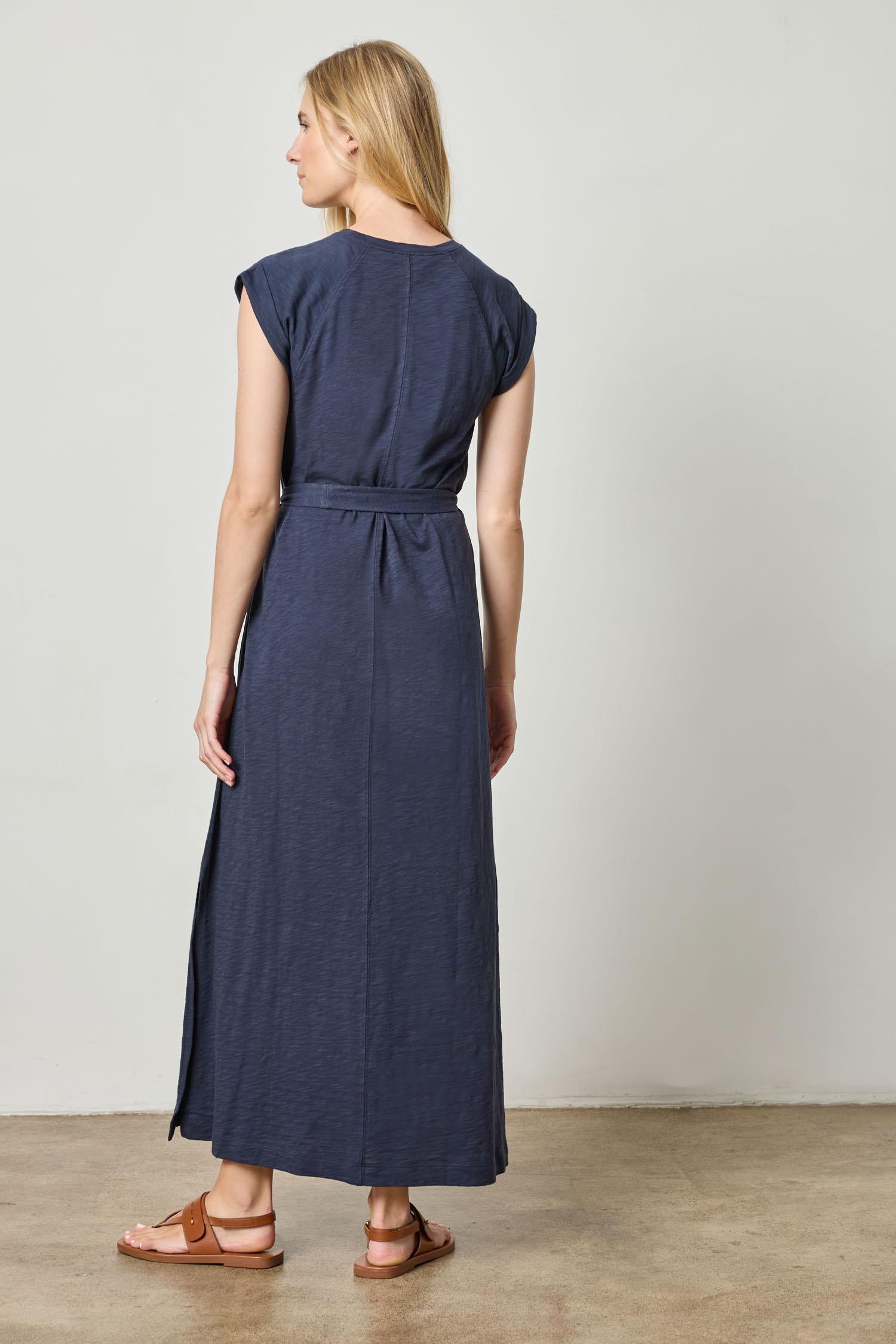 lilla p maxi dress Split Neck Belted Maxi Dress Neutral Ikat Print / X-Small