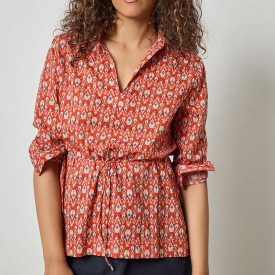 Collared Split Neck Top Womens Top Chili Print A1