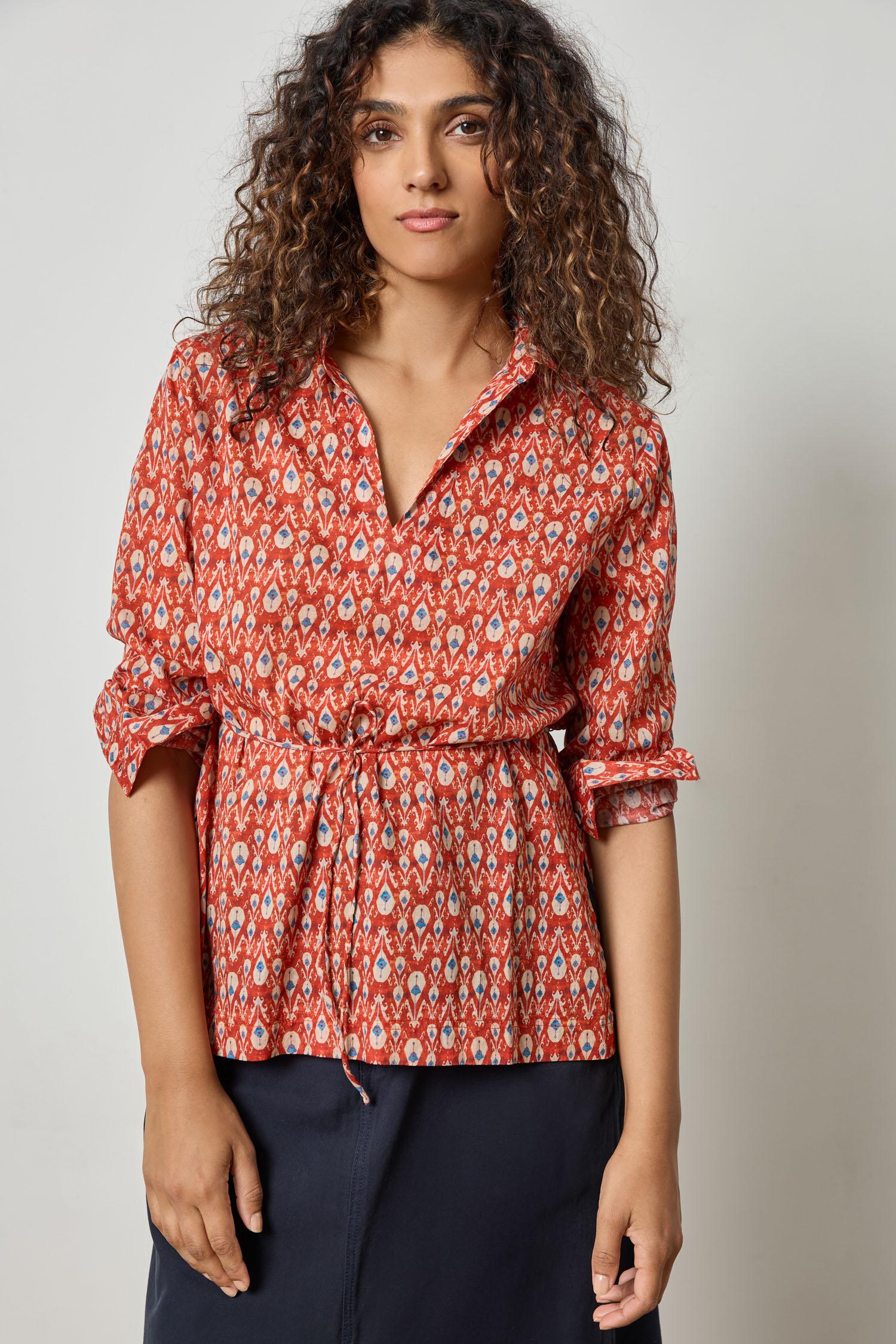 Collared Split Neck Top Womens Top Chili Print A1