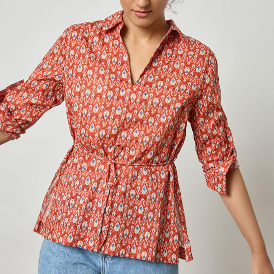 Collared Split Neck Top Womens Top Chili Print A3