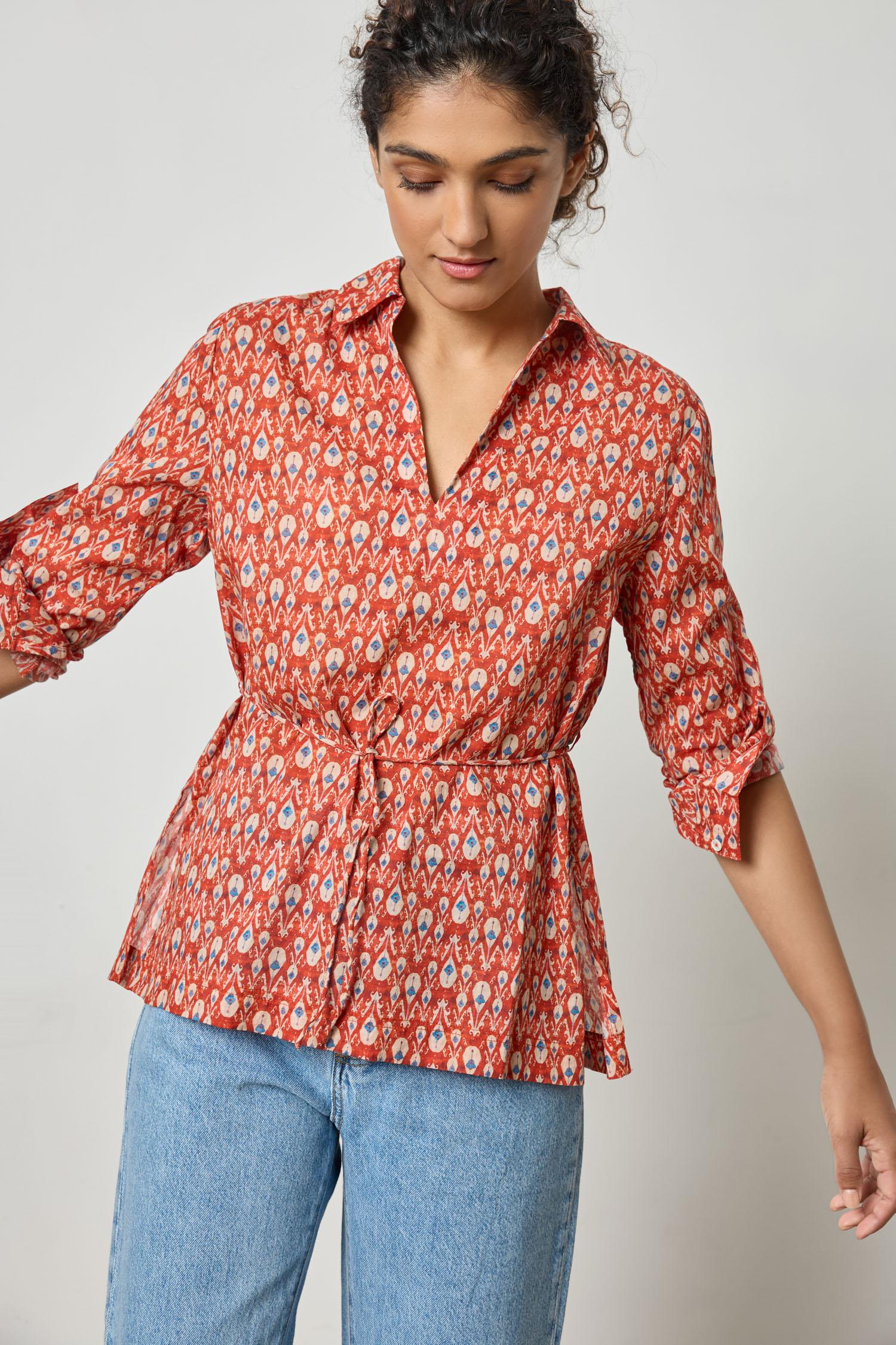 Collared Split Neck Top Womens Top Chili Print A3