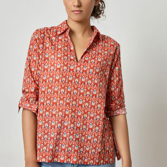 Collared Split Neck Top Womens Top Chili Print A4