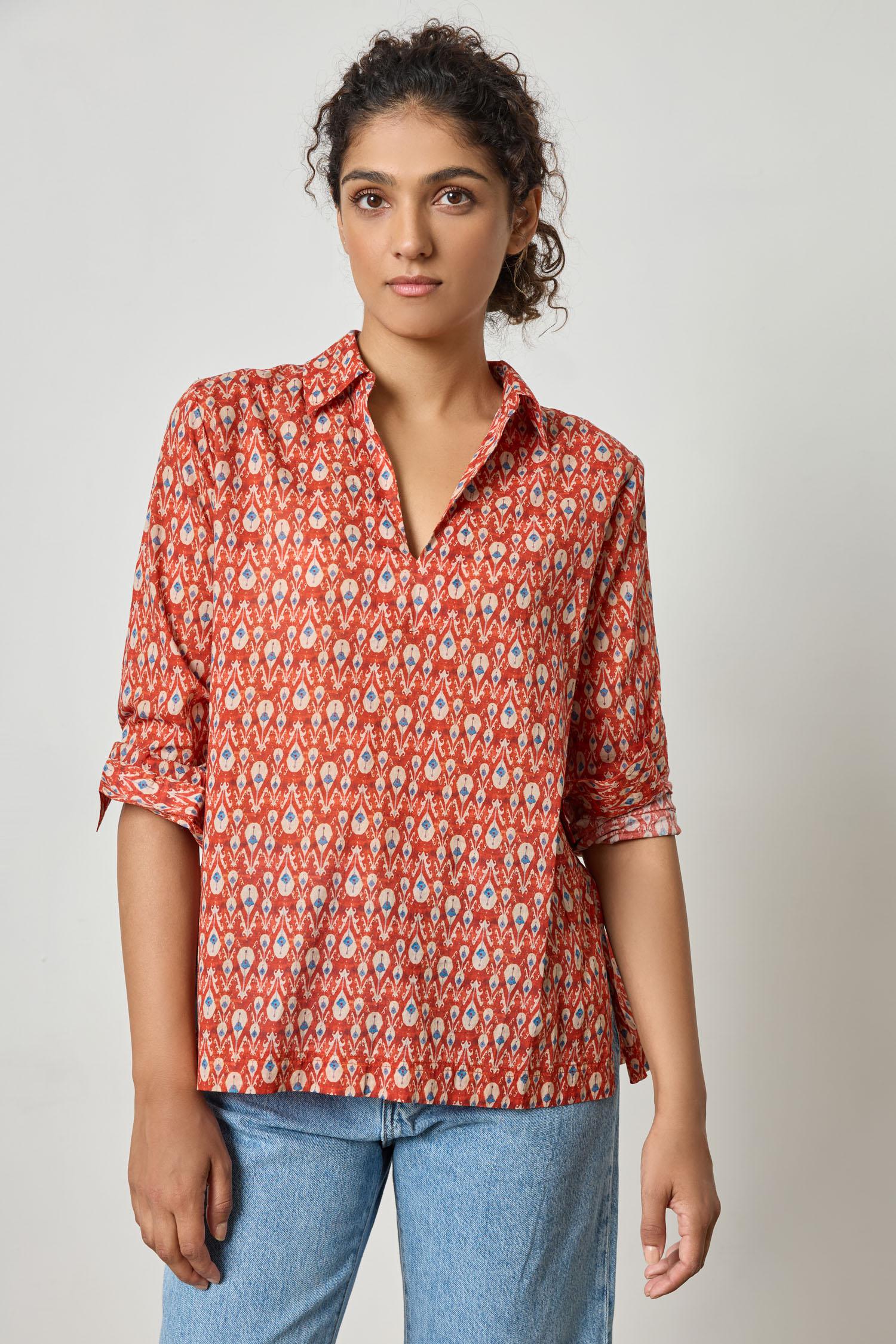 Collared Split Neck Top Womens Top Chili Print A4