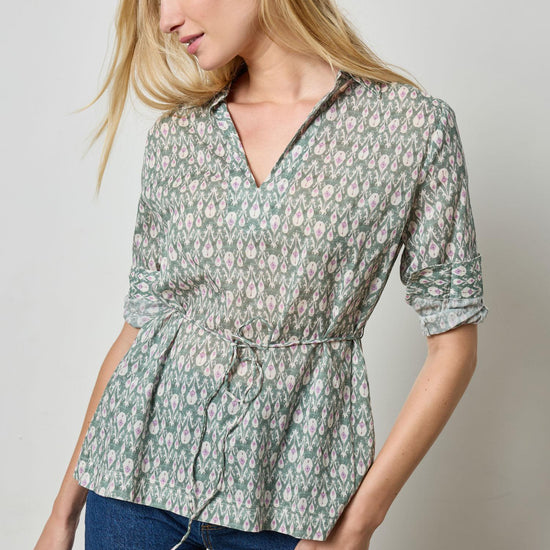 Collared Split Neck Top Womens Top Seagrass Print A1