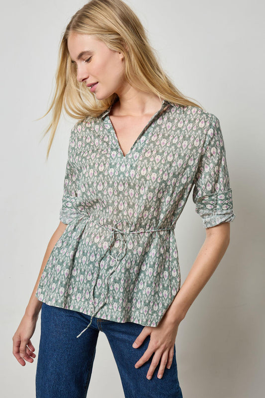 Collared Split Neck Top Womens Top Seagrass Print A1