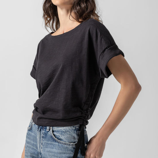 Ruched Side Boatneck Womens Top Black A1