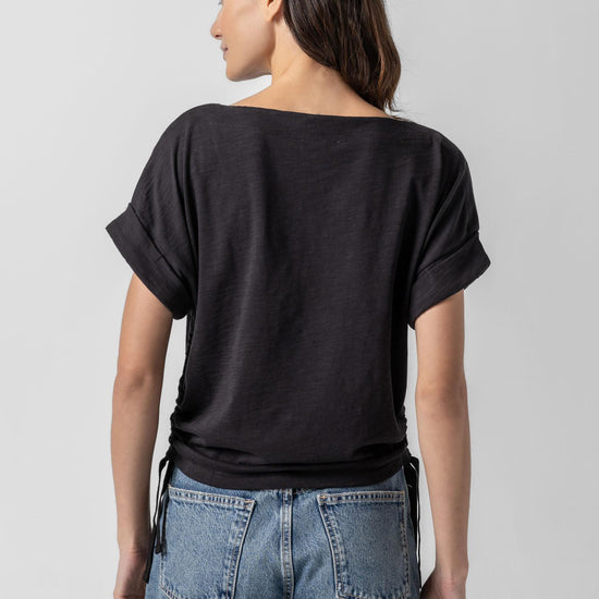 Ruched Side Boatneck Womens Top Black A2