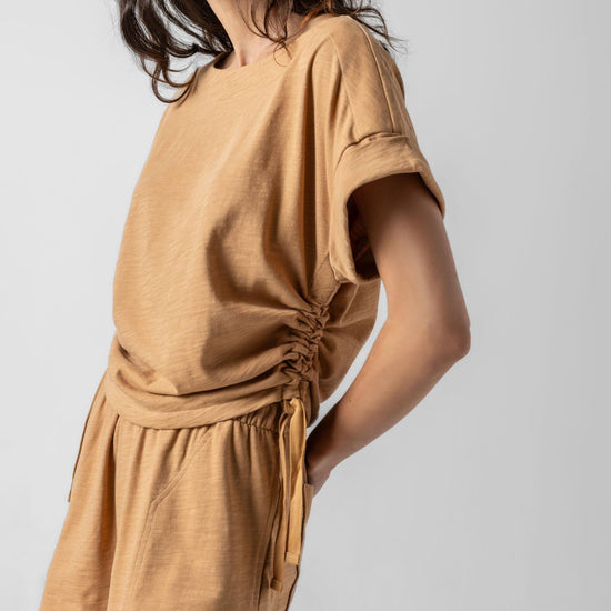 Ruched Side Boatneck Womens Top Teak A1