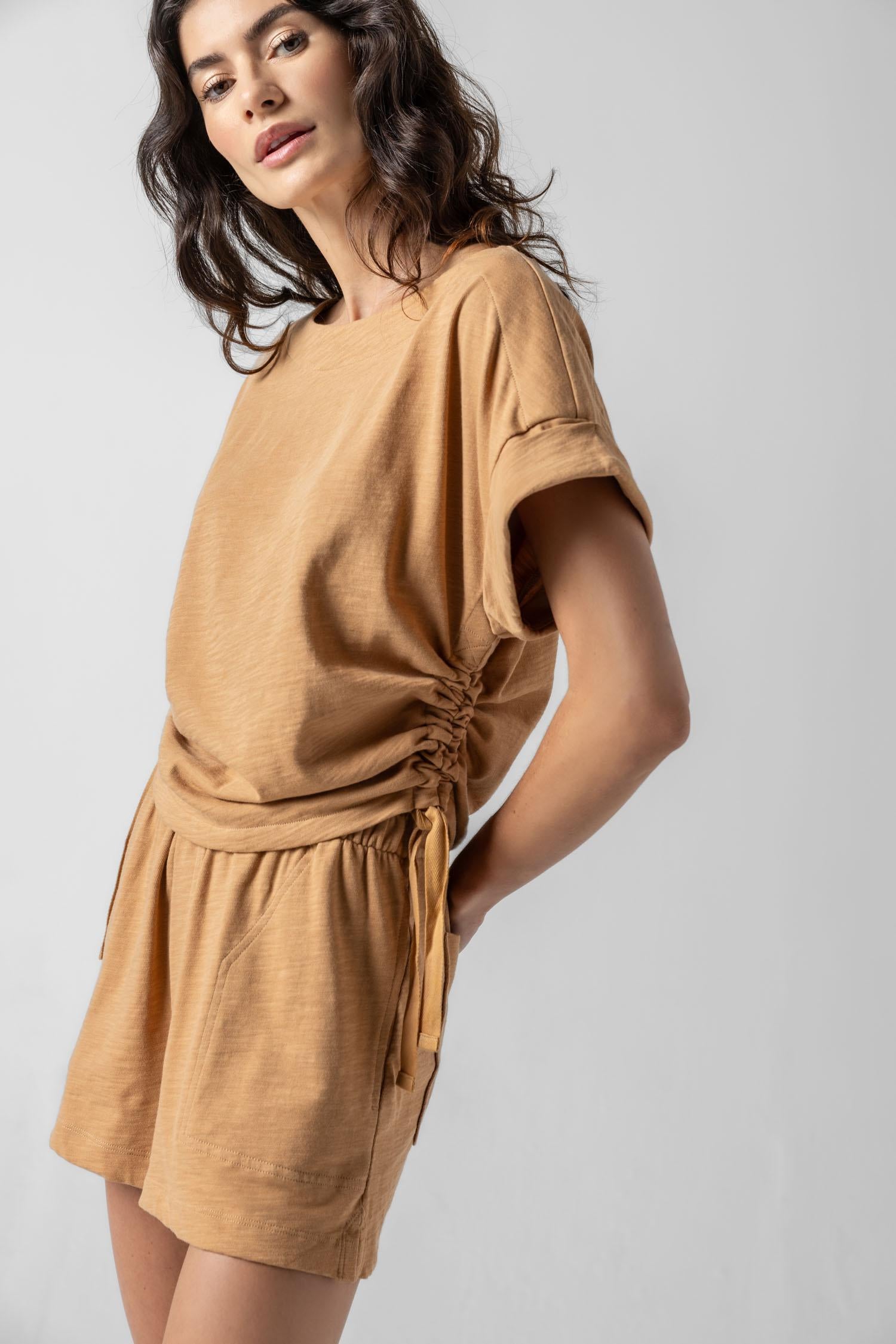 Ruched Side Boatneck Womens Top Teak A1