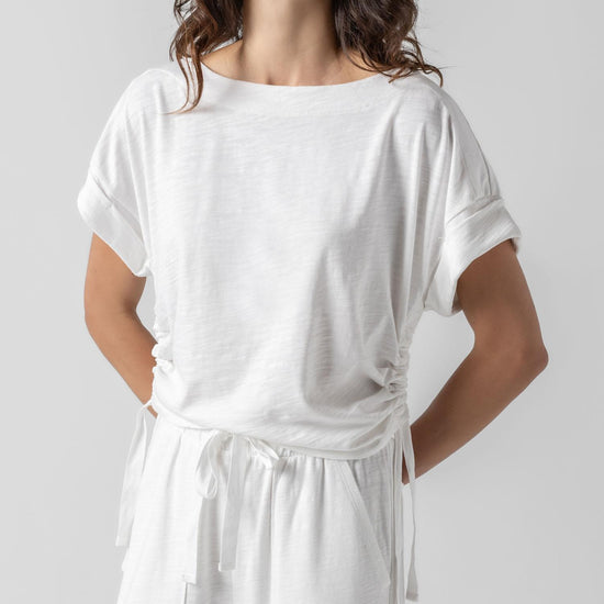 Ruched Side Boatneck Womens Top White A1