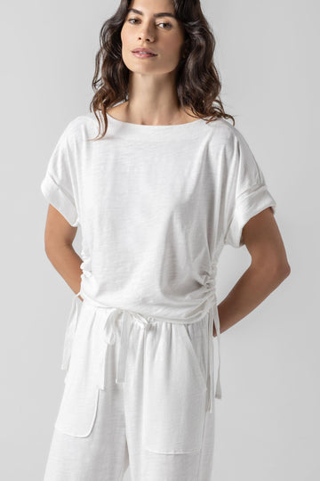 Ruched Side Boatneck Womens Top White A1