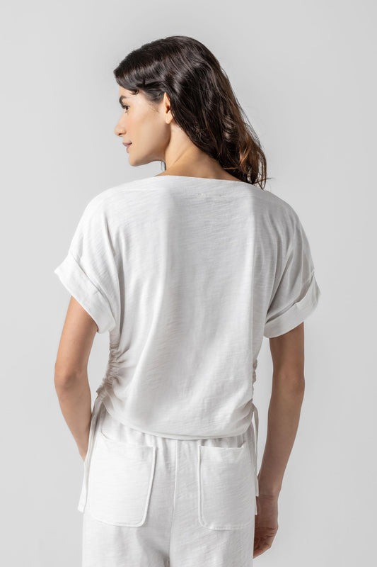 Ruched Side Boatneck Womens Top White A2