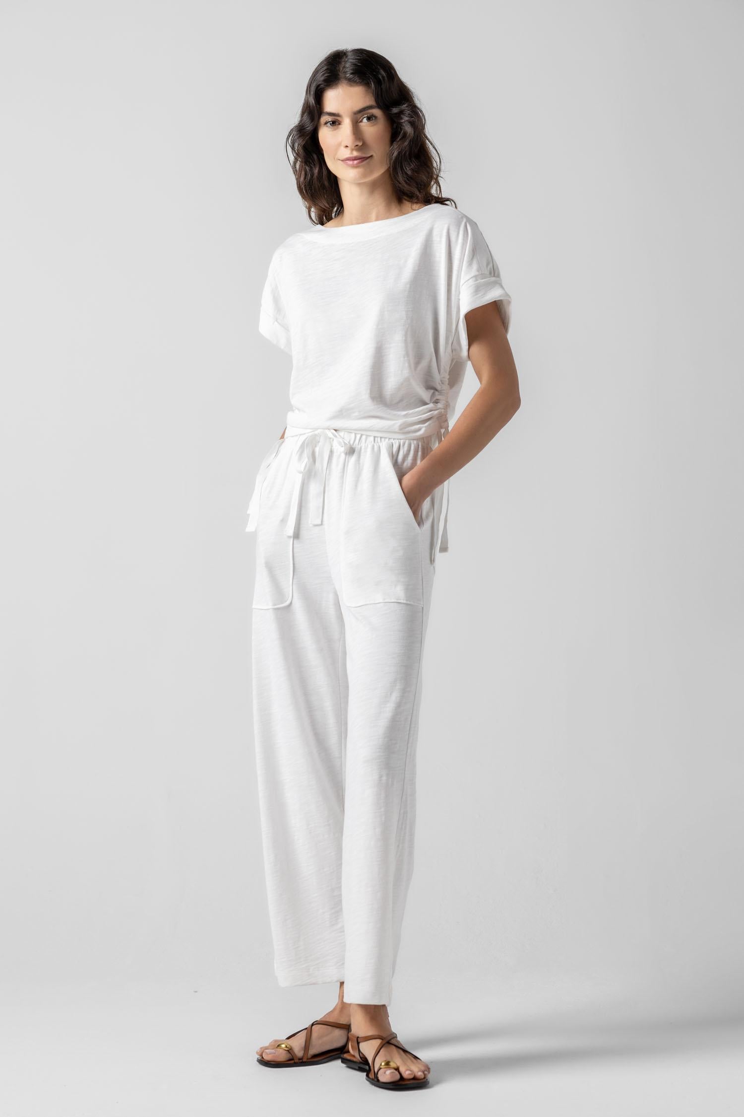 Ruched Side Boatneck Womens Top White A3