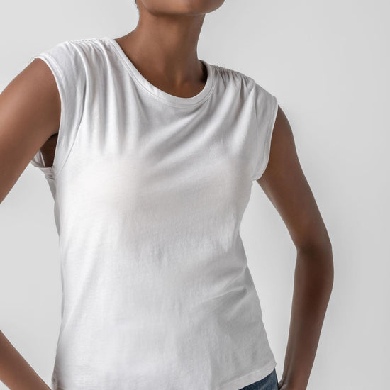 <p>In our Soft Wash Jersey fabric, the Shirred Shoulder Tee is both feminine and versatile for warm summer days. With a small cap sleeve and elastic with delicate shirring at the shoulder, itâ€™s designed to skim the body without being too fitted. Perfectly simpleâ€”yet anything but basic.</p> Womens Top White A1