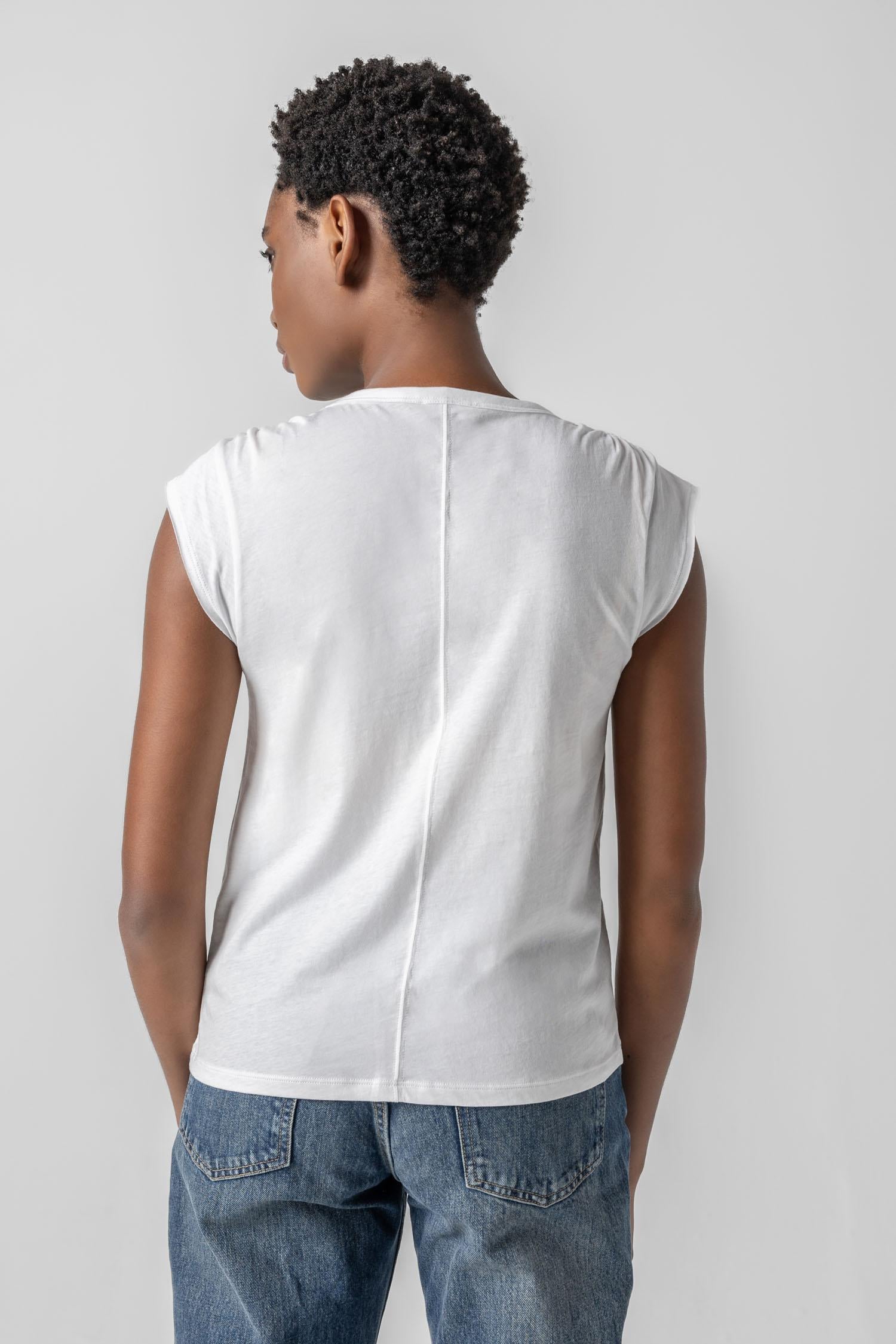 <p>In our Soft Wash Jersey fabric, the Shirred Shoulder Tee is both feminine and versatile for warm summer days. With a small cap sleeve and elastic with delicate shirring at the shoulder, itâ€™s designed to skim the body without being too fitted. Perfectly simpleâ€”yet anything but basic.</p> Womens Top White A3