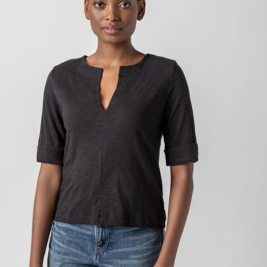 Cuffed Sleeve Split Neck Womens Top Black A1