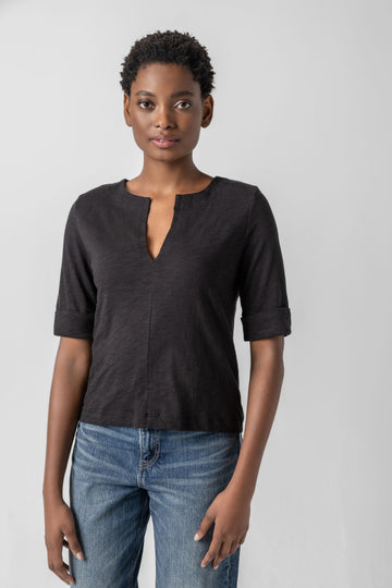 Cuffed Sleeve Split Neck Womens Top Black A1