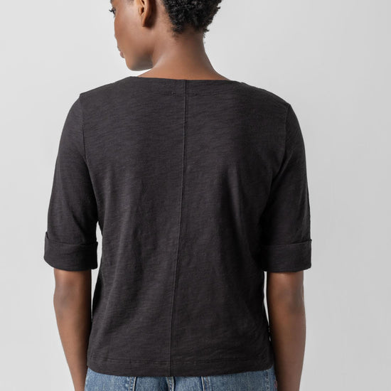 Cuffed Sleeve Split Neck Womens Top Black A2