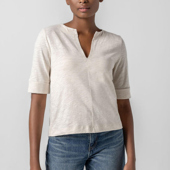 Cuffed Sleeve Split Neck Womens Top Canvas A1