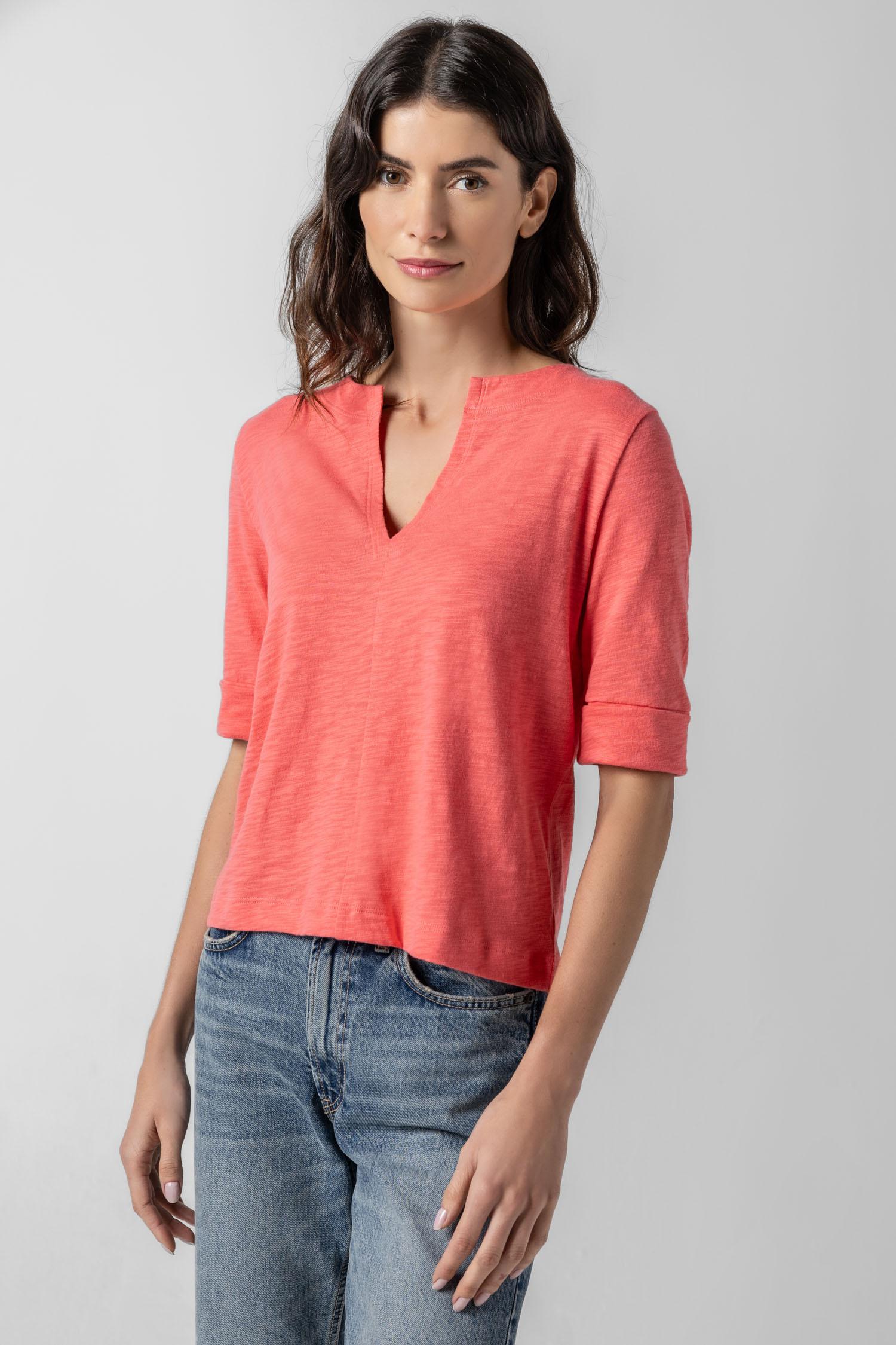 Cuffed Sleeve Split Neck Womens Top Reef A1