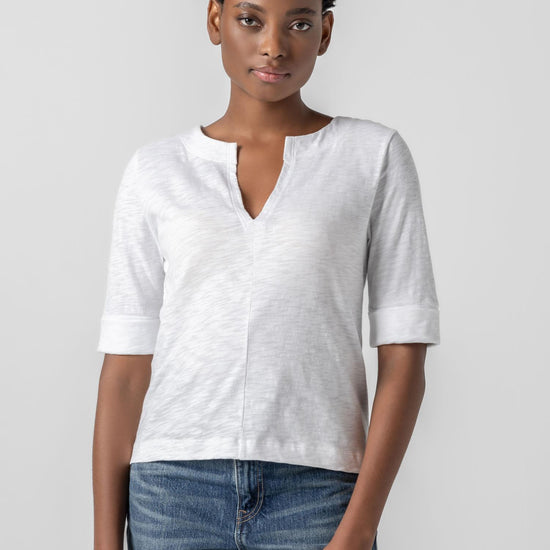 Cuffed Sleeve Split Neck Womens Top White A1